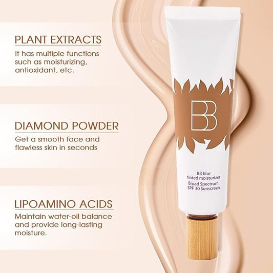 2PCS Bb Cream Tinted Moisturizer With Spf 30, Bb Cream Foundation For Tinted Moisturizer, Smooth & Hydrated, Full Coverage, Broad Sunscreen Spf 30, Bb Tinted Care Primer With Brush (Natural, 2PCS)