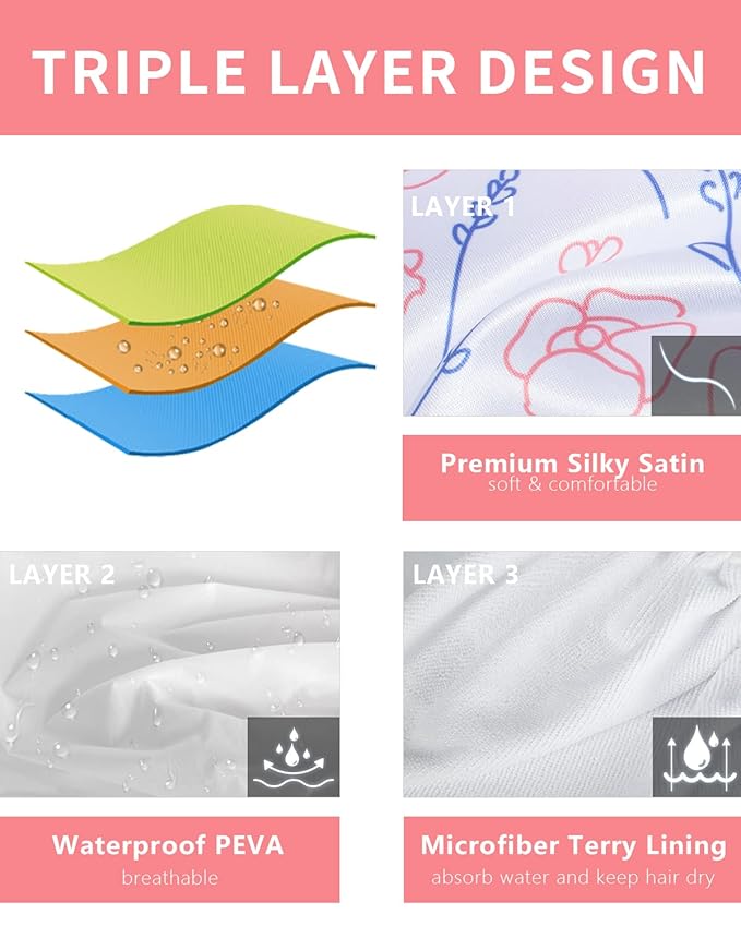 Shower Cap, Triple Layer Large Shower Cap for Women, Terry Cloth Lined Reusable Shower Caps for Long Thick Hair(Line Flower)