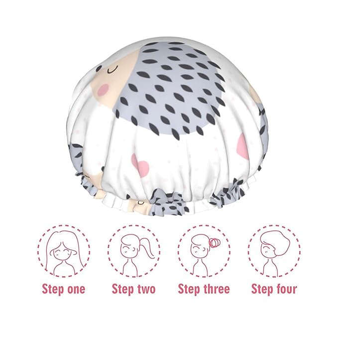 Cute Hedgehog Animal Shower Cap for Women,Double Waterproof Layers Bathing Shower Hat Large Designed for all Hair
