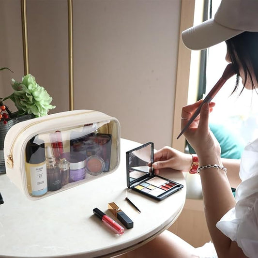 Medium Preppy Transparent Makeup Pouch Women Travel Clear TPU and Nylon Cosmetic Pouch (Medium, Beige)