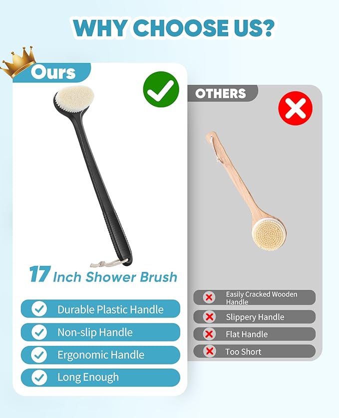 Back Scrubber for Shower with 17" Long Handle, Non-Slip Grip Shower Brush, Moderate Bristles Body Brush for Gentle Exfoliation, Back Brush for Shower Men & Women β Black