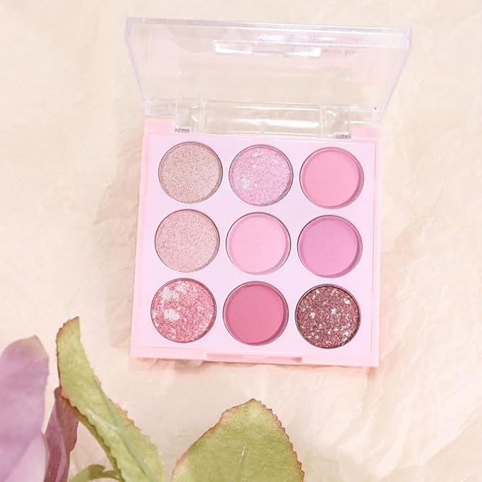 9Colors Eyeshadow Palette, Pink Eye Enhancers Magic EyeShadow Palette, Glitter Shimmer Sparkly Eye Shadow Makeup, Velvety Pigmented Creamy Long Lasting Waterproof Naturing-Looking Women Girls