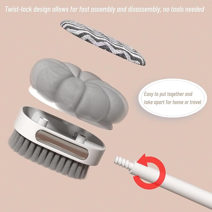 2-in-1 Detachable Shower Back Brush – Dual-Sided Body Scrubber with Soft Bristles & Massage Nodes, Exfoliating Dry Brush with Long Handle for Men & Women, Travel-Friendly