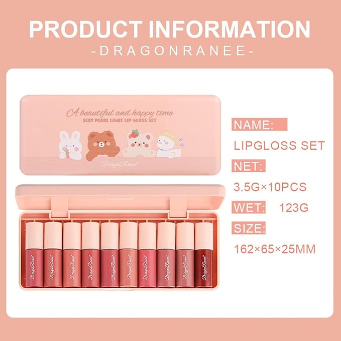 10 Colors Lip Tint Stain Set with Natural Fruits Design, Pearly Lustre Finish, Korean Plumping Lip Gloss Watery Lip Stain (Cartoon Box)