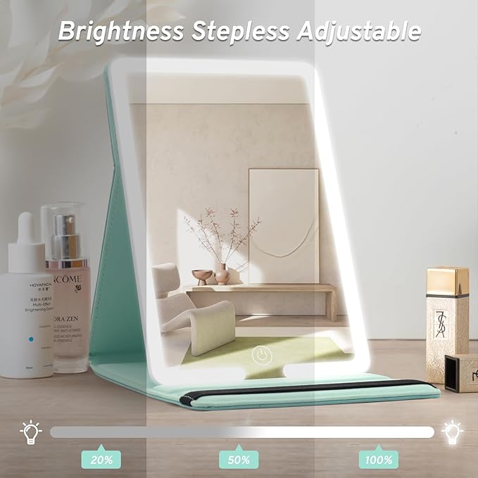 Travel Mirror with LED Lights - 8x5.5inch Lighted Makeup Mirror 3 Color Modes, Portable Vanity Mirror with Light of PU Leather, Desktop Cosmetic Light Up Mirror, Travel Accessories for Women