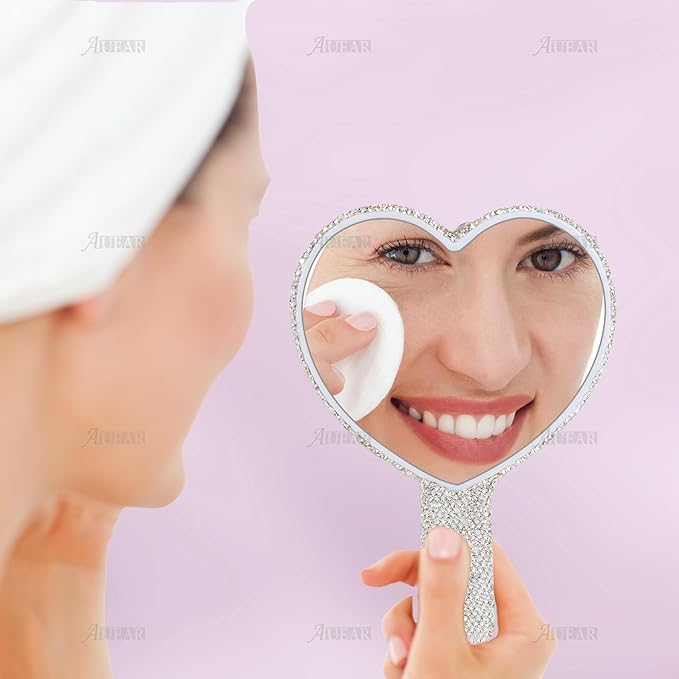 AUEAR, Rhinestone Handheld Mirror Bling Glitter Cosmetic Dazzling Portable Hand Mirrors with Handle for Women White Love Heart