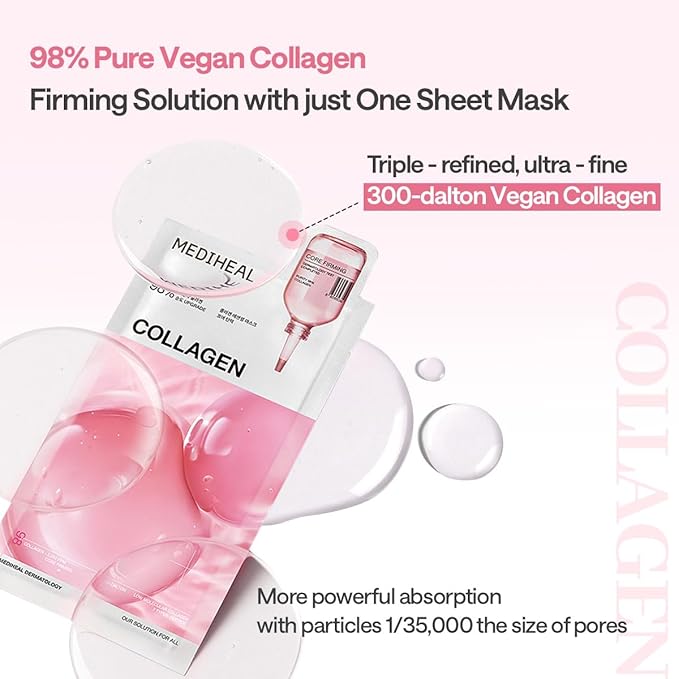 Mediheal Collagen Essential Sheet Mask Core Firming 10 pcs. 98% Vegan Collagen for firming, elasticity, and skin density improvement. Vegan formula.
