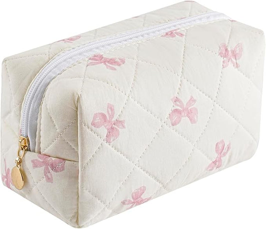 Gleyemor Small Quilted Makeup Bag for Women, Cute Floral Bow Cosmetic Bag, Emergency Bag Travel Toiletry Cotton Pouch Gifts for Girls Her Mom Friend Sister Bridesmaid (Small Pink Bowknot)