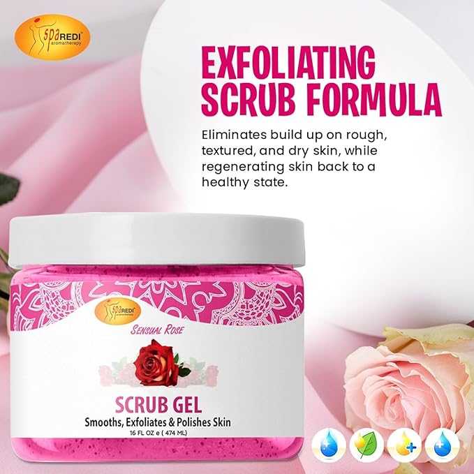 SPA REDI β Exfoliating Scrub Pumice Gel, Sensual Rose, 16 oz - Manicure, Pedicure and Body Exfoliator Infused with Hyaluronic Acid, Amino Acids, Panthenol and Comfrey Extract