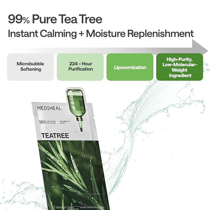 Mediheal Teatree Essential Sheet Mask Calming Moisture 10 pcs. 99% Pure Teatree & Teatree 7X for intensive soothing and hydration. Suitable for acne-prone skin. Vegan formula.