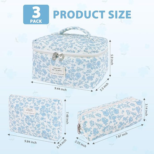 3Pcs Cotton Quilted Makeup Bag Set,Large Floral Cosmetic Bag,Aesthetic Toiletry Travel Makeup Bag Set and Cute Flower Bag for Women Girls (Blue White Flower)