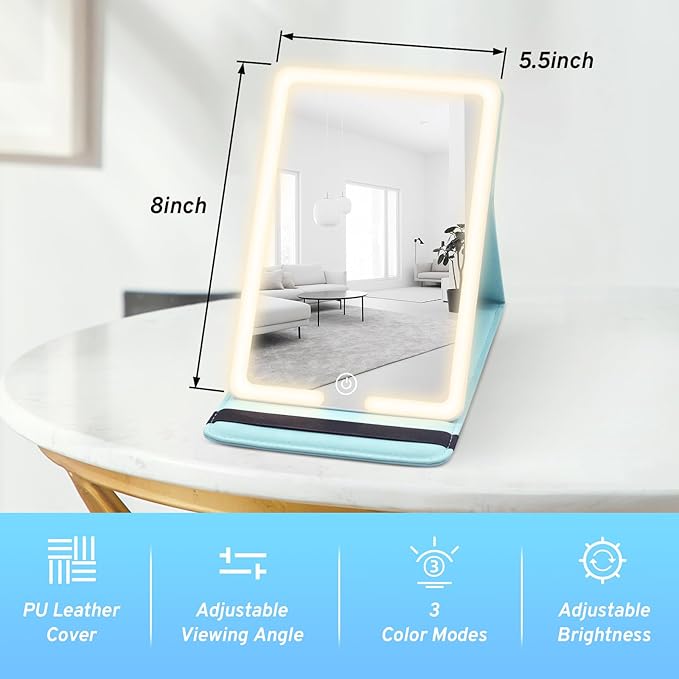 Travel Mirror with LED Lights - 8x5.5inch Lighted Makeup Mirror 3 Color Modes, Portable Vanity Mirror with Light of PU Leather, Desktop Cosmetic Light Up Mirror, Travel Accessories for Women