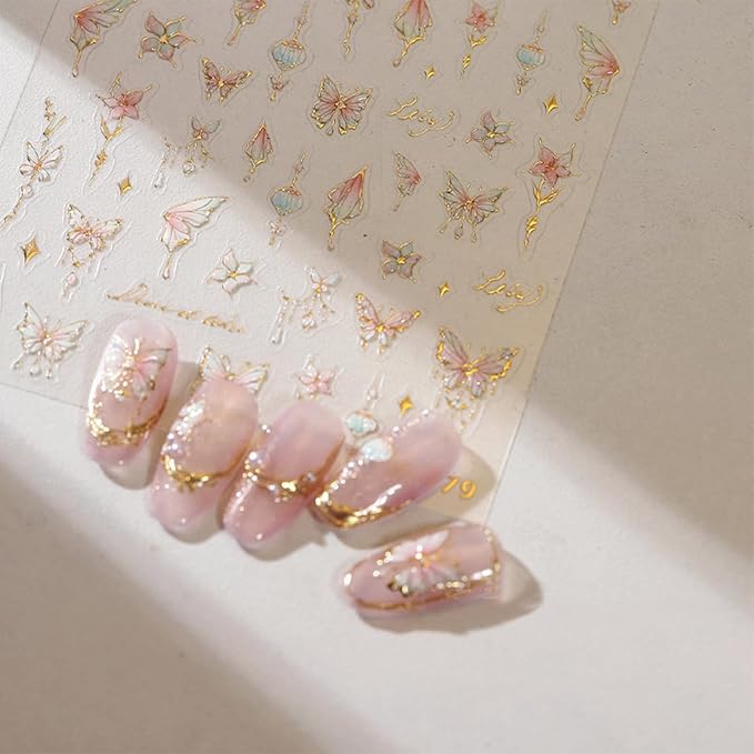 1 Sheets 5D Bronzing Butterfly Nail Stickers for Nail Art Pink Flower Nail Art Stickers Self Adhesive Summer Floral Butterflies Design Nail Decals Supplies for Women Girl DIY Manicure Decor