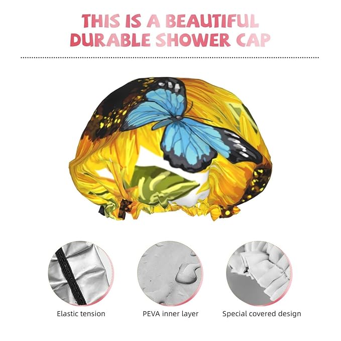 Sunflowers Blue Butterflies Shower Cap for Women,Double Waterproof Layers Bathing Shower Hat Large Designed for all Hair