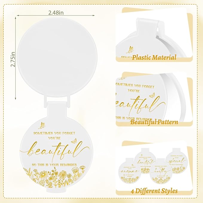 100 Pcs Inspirational Compact Mirror Bulk Small Pocket Mirror Purse Round Portable Folding Makeup Mirror Mini Compact Mirror Gifts for Women Coworker Employee Teacher(White)