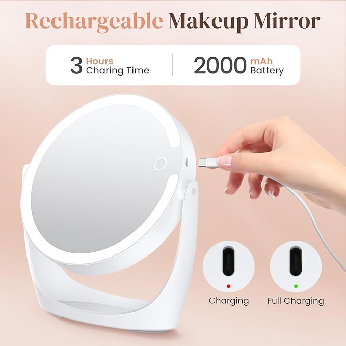 Vanity Magnifying Mirror with Light: 10x Magnifying Mirror with Adjustable 3 Color Brightness - Rechargeable Double Sided Makeup Mirror with 360Β° Rotation,Perfect Travel Table Mirror