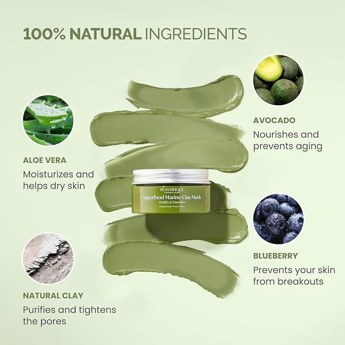 PLANTIFIQUE Korean Skincare Clay Mask β Hydrating Mud Mask with Avocado & Superfoods, Dermatologist-Tested for Face & Body β Vegan, 3.4 Oz/100ml