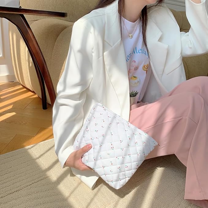 2 Pieces Portable Makeup Bag Travel Small Zipper Cosmetic Bags Organizer for Women Handbag Toiletry Storage Pouch Waterproof Quilting Purse,White Cherry