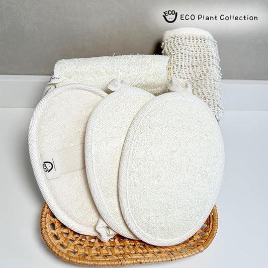 Oval Natural Loofah Bath-Sponge-3 Count, Exfoliating Body Scrubber for Women and Men,Exfoliate & Soothe Face & Body, Biodegradable Fashion Storage Bag