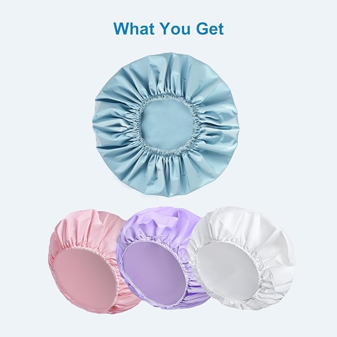 Shower Cap for Women Set of 4, 1 Double-Layer Waterproof Bath Cap + 3 Single-Layer Waterproof Shower Caps β Reusable Hair Protector, TPU Coated Elastic Bathing Cap for Women & Men - Blue