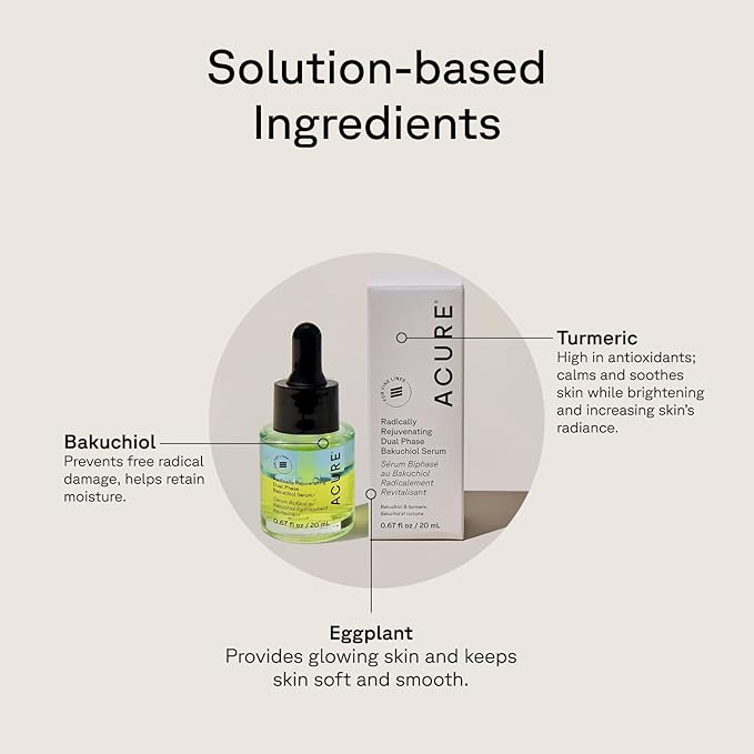 Acure Radically Rejuvenating Dual Phase Bakuchiol Serum - Anti-Aging & Soothing Skin Support - All Natural Made with Eggplant, Turmeric & Bakuchiol - Vegan Skin Care, Hydrates & Defends - 0.67 oz