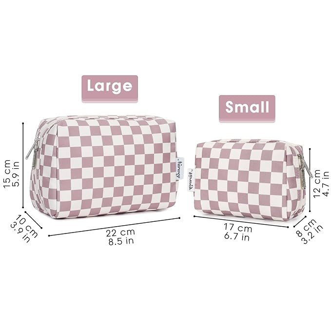 Narwey Checkered Makeup Bag Pink Travel Cosmetic Bag Organizer Toiletry Bag Make Up Bags with Compartments for Women Girls (Large, Dusty Rose Checkerboard)