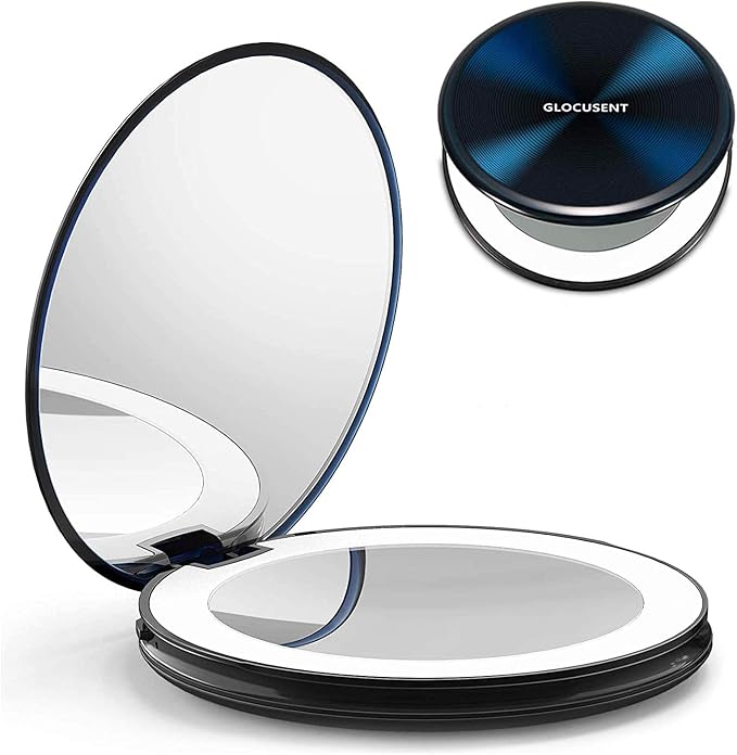 Glocusent Compact Makeup Mirror, 2-Sided 1X/10X Magnification, 40 LED Lighted Makeup Mirror, Handheld & Portable, 3 Colors & Brightness Dimmable, Rechargeable, Perfect for Travel & On The go