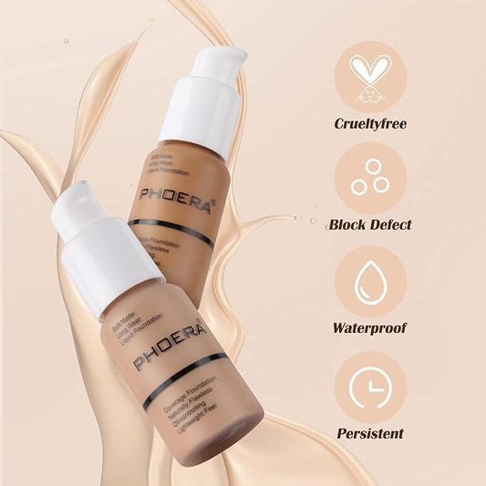 2PC Foundation Makeup&Liquid Concealer,Naturally Liquid Foundation,Full Coverage Mattle Oil-Control Concealer,Multi-Use Makeup Concealer for Acne,Dark Circles(A102+102, 30ml+3ml)