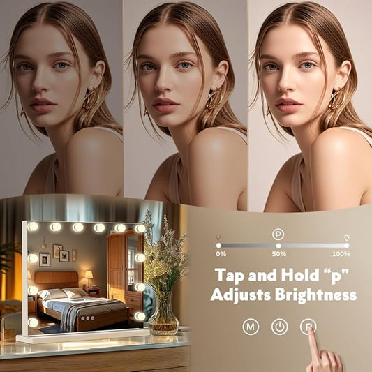 M MIVONDA Vanity Mirror with Lights, Lighted Makeup Hollywood Mirror with Dimmable 3 Color Lights LED Bulbs for Desk and Wall, Mirrors with Plug-in and USB Charger for Bedroom
