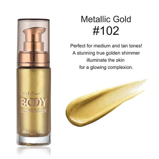 MAEPEOR Body Luminizer 6 Colors Waterproof Smooth Shimmer Face Body Glow Illuminator Non-sticky Liquid Body Highlight Illuminator (30 ML, 02 Metallic Gold)