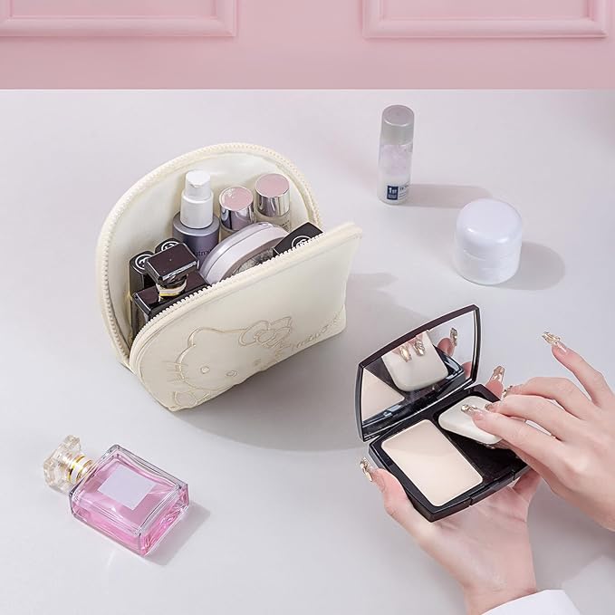 AmBealla Small Cosmetic Bag Portable Storage Bag for Women,Cute Compact Makeup Bag for Keys and Phone, White Cotton Embroidered Organizer with Wristband,Portable Travel Bag for Girls