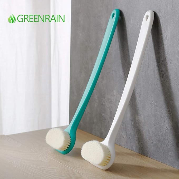 Upgraded Bath Body Brush with Comfy Bristles Long Handle Gentle Exfoliation Improve Skin's Health and Beauty Bath Shower Wet or Dry Brushing Body Brush (14 inch, Green)