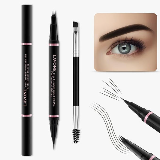 LAVONE Eyebrow Pencil Makeup Kit, with Waterproof 2-IN-1 Microblading Eyebrow Pen, Eyebrow Pomade, Eyeliner and Dual-ended Eyebrow Brush, Brow Pencil Kit for Natural Eyebrows - Ebony