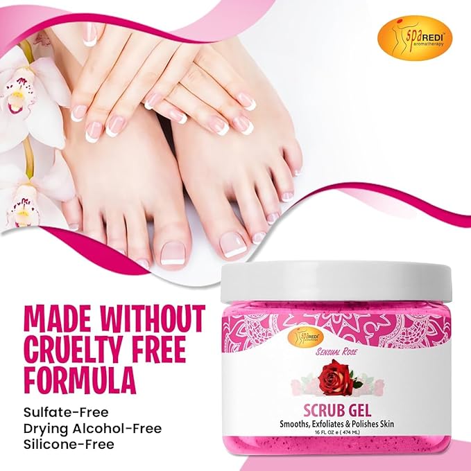 SPA REDI β Exfoliating Scrub Pumice Gel, Sensual Rose, 16 oz - Manicure, Pedicure and Body Exfoliator Infused with Hyaluronic Acid, Amino Acids, Panthenol and Comfrey Extract