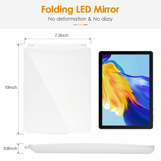 KerMiCi γLarge Sizeγ Travel Makeup Mirror with Light, Led Folding Vanity Mirror Portable USB Rechargeable Mirror 3 Color Lighting Touch Screen Brightness Thin Compact Vanity Mirror Dimmable Mirror