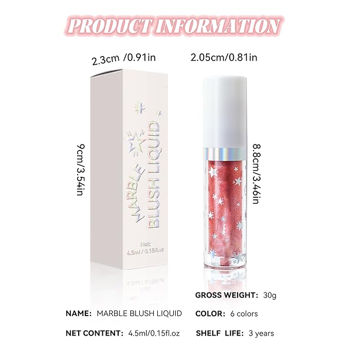 Marble Liquid Blush, Long-lasting Liquid Blush for Cheeks with High-pigment Color, Lightweight & Buildable Formula, Creates A Soft, Shimmery Finish (#02)