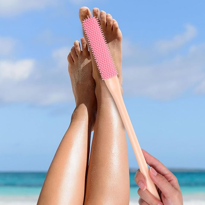 FRCOLOR Toe Cleaning Brush 2Pcs Toe Seam Massage Brush for Shower 15.7 Long Handle Silicone Foot Scrubber Feet Cleaner Brush for Seniors Elderly Men Women-Pink