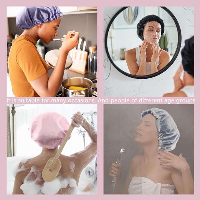 5 Pack Breathable Satin Shower Caps Double Layers Bathing Hat Reusable Shower Cap for Women EVA Elastic Caps Waterproof Bath Hair Hat
