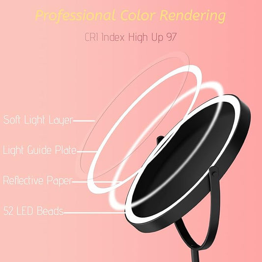 8β Lighted Makeup Mirror, 1X 10X Magnifying Mirror with Light, Double Sided Vanity Mirror with Lights, 3 Color LED Dimmable 2000mAh Rechargeable Black