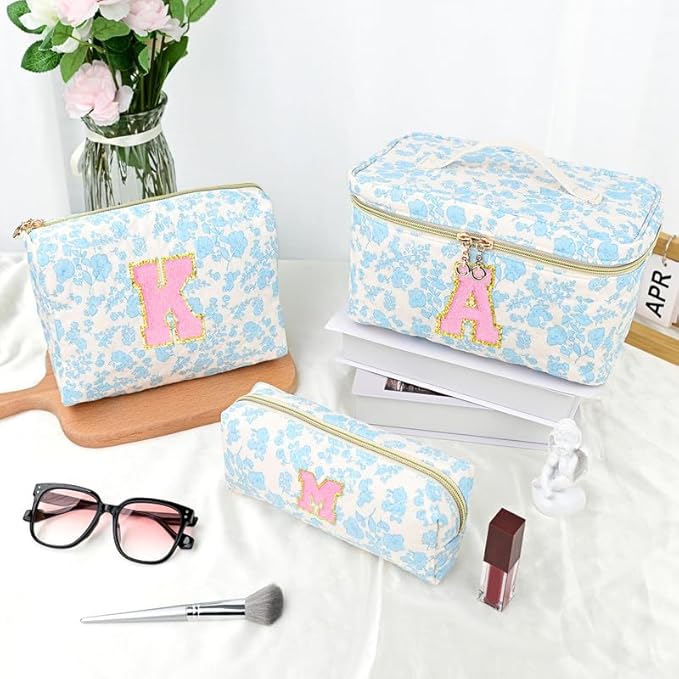 3 PCS Travel Makeup Bag Set, A-Z Initials Cotton Make up Bag Floral Quilted Cosmetic Bag for Girls and Women, Personalized Cute Toiletry Bag Travel Accessories Brushes Bag Blue - C