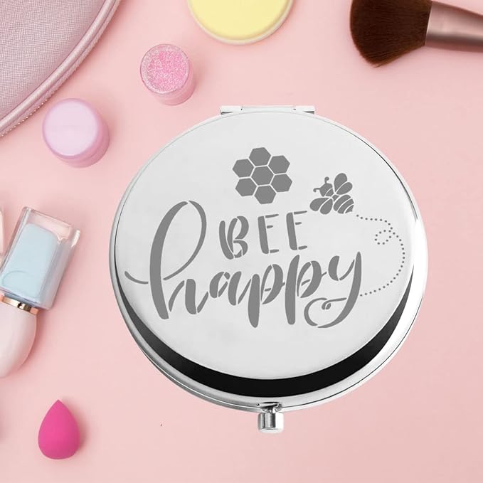 bobauna Bee Pocket Mirror with Bumble Honeybee Motivational Gift Bee Happy Makeup Mirror for Women (Bee Happy -M)