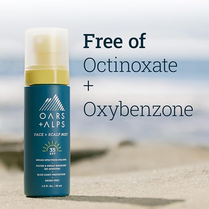 Oars + Alps Face & Scalp Sunscreen Spray Mist, SPF 35 Facial & Hair Sunscreen, Protects from Blue Light, Incfused with Aloe Vera + Cucumber, Water & Sweat Resistant, Summer Splash Scent, 1.5oz