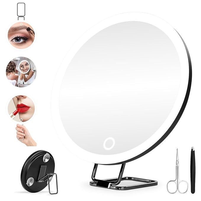 5X Magnifying Mirror with Lights, 5X Makeup Magnification 6inch Magnified Mirror Large Travel Lighted Magnification with Adjustable Table Stand & Suction Cups - Included Tweezers & Scissors Set