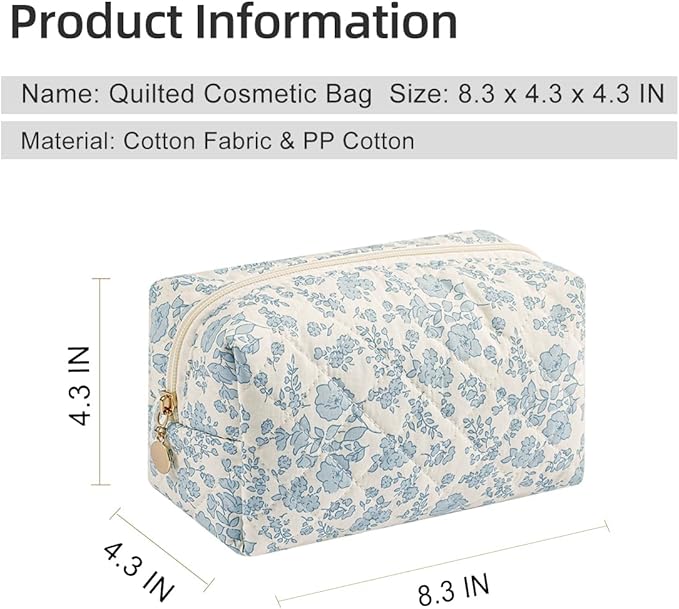 Gleyemor Small Quilted Makeup Bag for Women, Cute Floral Bow Cosmetic Bag, Emergency Bag Travel Toiletry Cotton Pouch Gifts for Girls Her Mom Friend Sister Bridesmaid (Blue Floral)