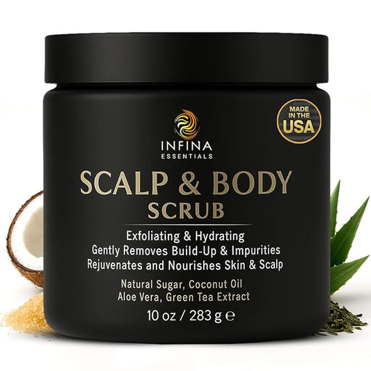 Scalp and Body Scrub β Exfoliating Sugar Cleanser with Coconut Oil, Menthol & Aloe β Dual-Use Polisher for Dry Skin & Flaky Scalp β Soothing, Cooling & Hydrating - INFINA ESSENTIALS | 8.45 fl oz
