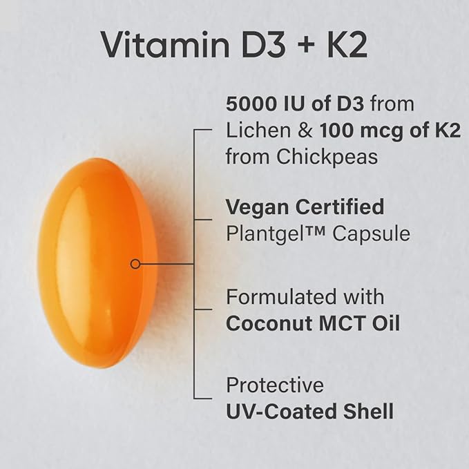 Sports Researchยฎ Vitamin D3 + K2 with Coconut MCT Oil | Vegan D3 5000 IU with K2 100 mcg for Bone & Immune Health | Vegan Certified, Soy & Gluten Free - 120 Softgels