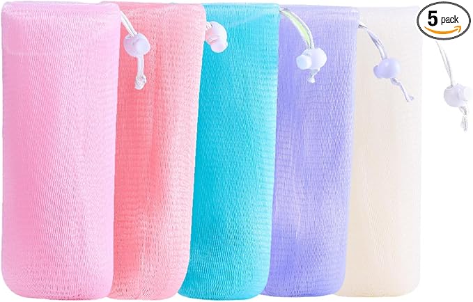 5Pcs Mesh Soap Bags Soap Bubble Foam Net Exfoliating Mesh Soap Saver Pouch Bag Bar Soap Scrubber Pouch with Drawstring for Body Facial Cleaning