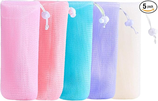5Pcs Mesh Soap Bags Soap Bubble Foam Net Exfoliating Mesh Soap Saver Pouch Bag Bar Soap Scrubber Pouch with Drawstring for Body Facial Cleaning