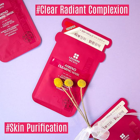 Amino Brightening & Clearing Facial Sheet Mask | Vitamin C, Lotus Extract for Acne Scars, Hyperpigmentation, Dark Spots, Even Skin Tone (5 Sheets)