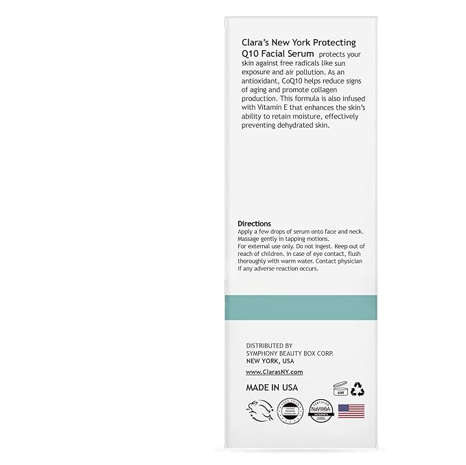 Claraβs New York Q10 Antioxidant Facial Serum with Hydrolyzed Collagen, Ceramide NP & Vitamin E β Anti-Aging, Hydrating, Skin Barrier Repair β 30ml / 1 Fl Oz β Made in USA